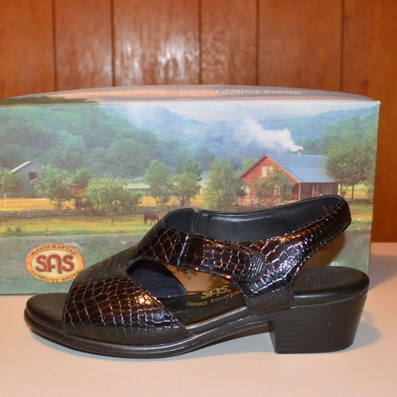 SOLD • SAS Suntimer Black Crocodile Slingback Sandals Embossed Size 6 1/2 W USA - Picture 7 of 11